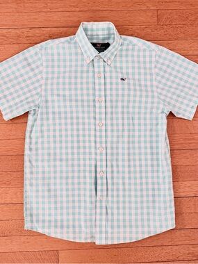 Vineyard Vines Aqua Blue and White Gingham Short-Sleeve Button-Down